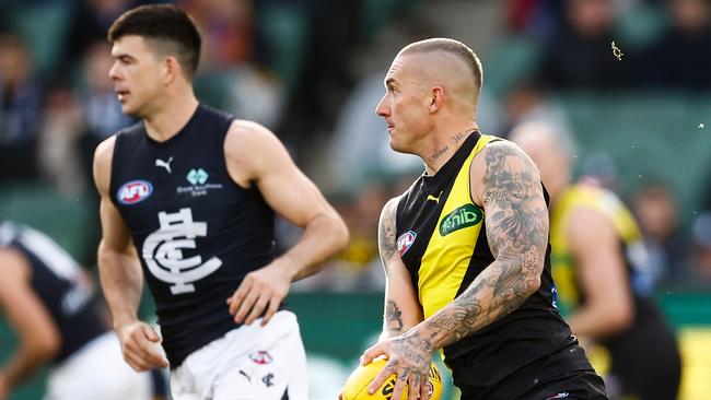Dustin Martin has started in the midfield for Richmond. Picture: Michael Willson/AFL Photos via Getty Images