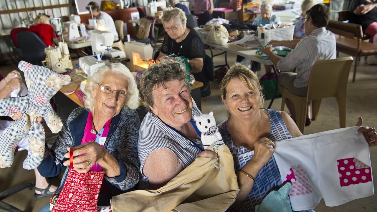 Working on their Christmas donations after receiving a $5000 grant from Australia Post are Toowoomba Womens Shed members (from left) Margaret Graham, Jean Turner and Rosie Henderson, Tuesday, November 5, 2019. Picture: Kevin Farmer