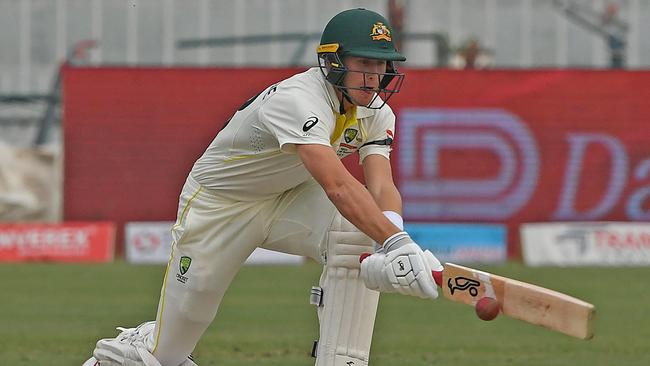 Marnus Labuschagne plays a reverse sweep, which was Usman Khawaja’s downfall. Picture: AFP