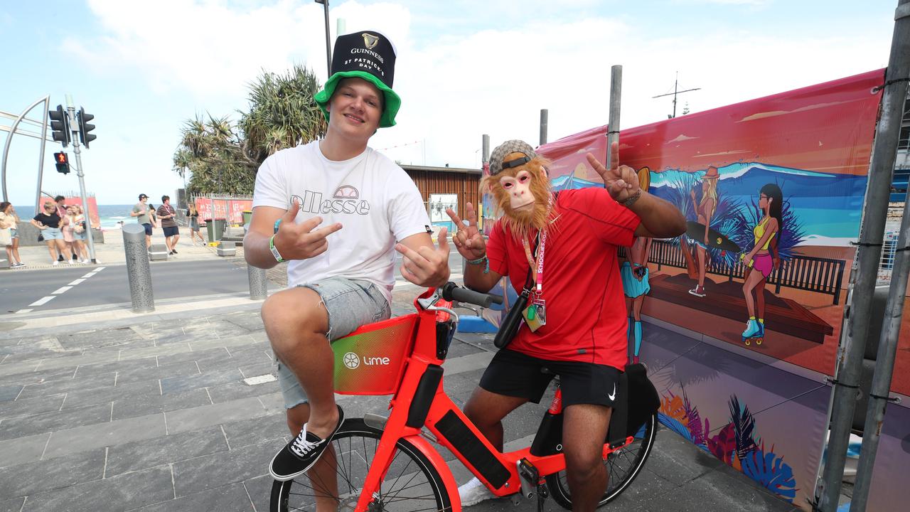 Day three of Schoolies celebrations in Surfers Paradise. Gold Coast Schoolies Oska Lynd and and Buddha Baum (Gorilla) enjoy the ride. ...Picture Glenn Hampson