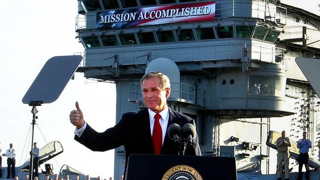 George W. Bush declares ‘mission accomplished’ in Iraq aboard aircraft carrier USS Abraham Lincoln off the California coast in May 2003.