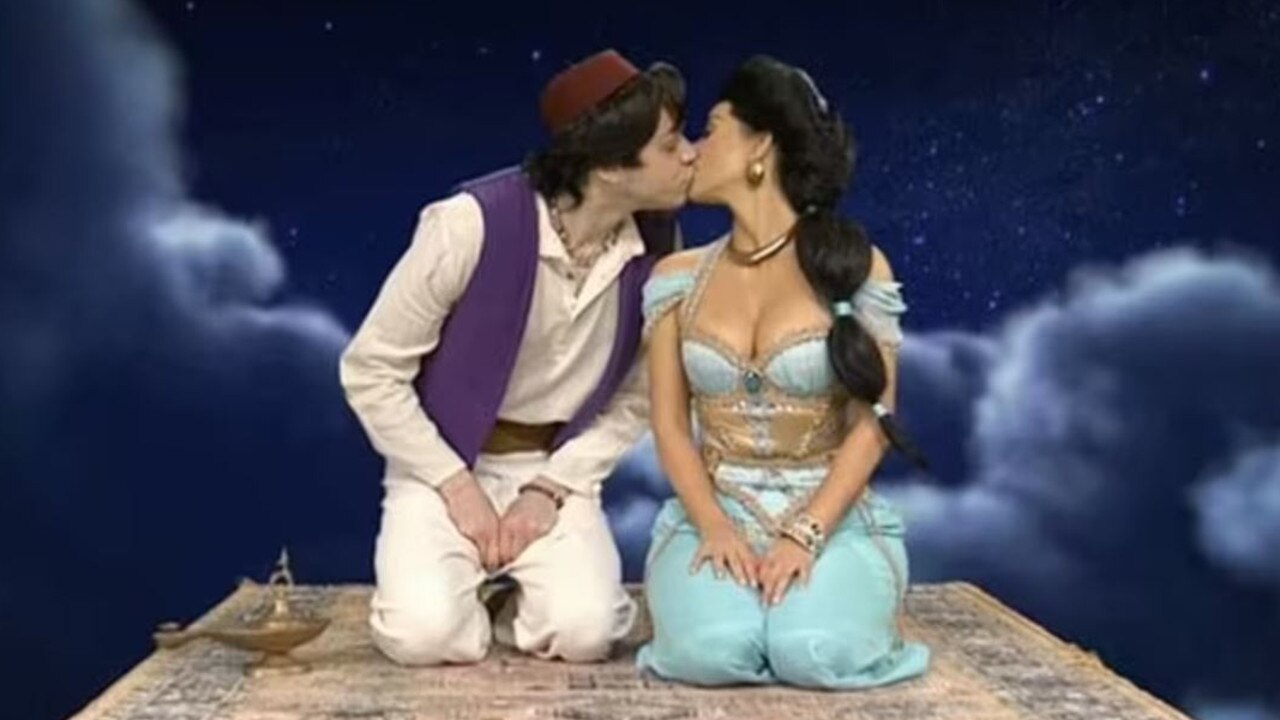 Pete Davidson and Kim Kardashian kiss during a skit on SNL. Picture: NBC
