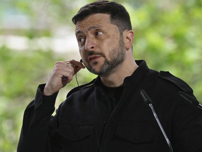 Ukrainian President Volodymyr Zelensky attends a press conference after a meeting of European leaders in the Ukrainian capital Kyiv on May 10, 2025, amid the Russian invasion of Ukraine. The leaders of France, Britain, Germany and Poland agreed to call on Russia to accept a 30-day unconditional ceasefire starting May 12, Kyiv said on May 10th. The proposal came after the four leaders, part of an alliance Britain and France call 