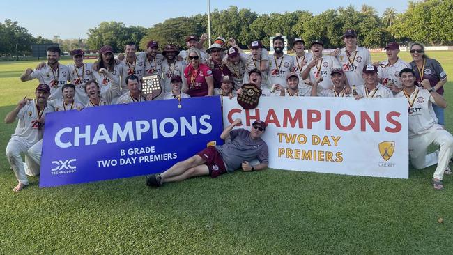 Palmerston Cricket Club's A and B-grade teams celebrating their Two-day premiership victories together. Picture: Palmerston Cricket Club Facebook.