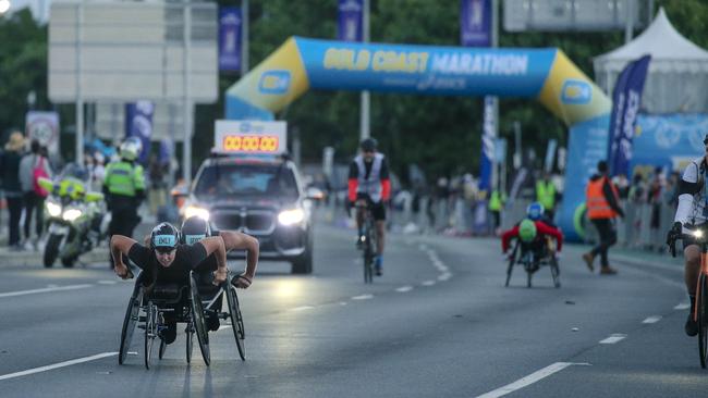 The start of the 10km Wheelchair event as a cast of thousands get underway at the start of the 2024 Gold Coast Marathon. Picture: Glenn Campbell