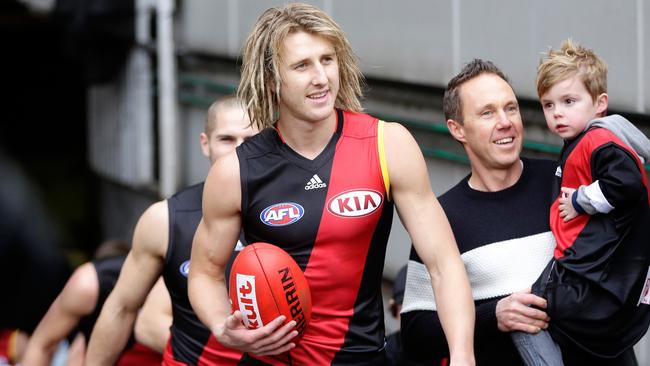 Dyson Heppell of Essendon leads his team out. Picture: Hamish Blair