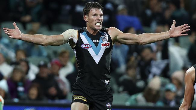 Port Adelaide’s Brad Ebert celebrates a goal. Picture: Sarah Reed