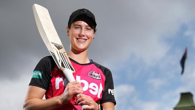 Ellyse Perry of the Sydney Sixers after being awarded the inaugural Rachael Heyhoe Flint Award for the International Cricket Council (ICC) Cricketer of the Year at the SCG. Picture: Brett Costello