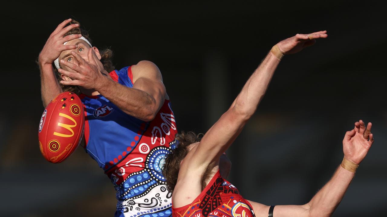 Aaron Naughton flies for a mark. Picture: Martin Keep/Getty Images