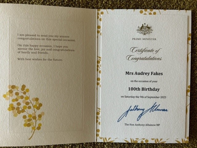 Audrey Fakes, of Seaforth, received a Certificate of Congratulations from Prime Minister Anthony Albanese. Picture: Supplied