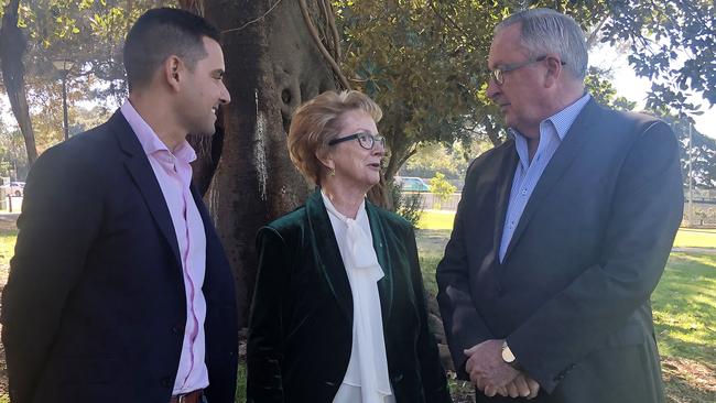 Alex Greenwich, NSW Pro-choice Alliance chair Wendy McCarthy and Health Minister Brad Hazzard discuss the legislation. Picture: Heather McNab