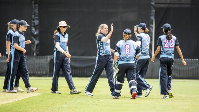 Georgia Prestwidge celebrates a run out in the first grade T20 semi-final. (AAP Image/Richard Walker)