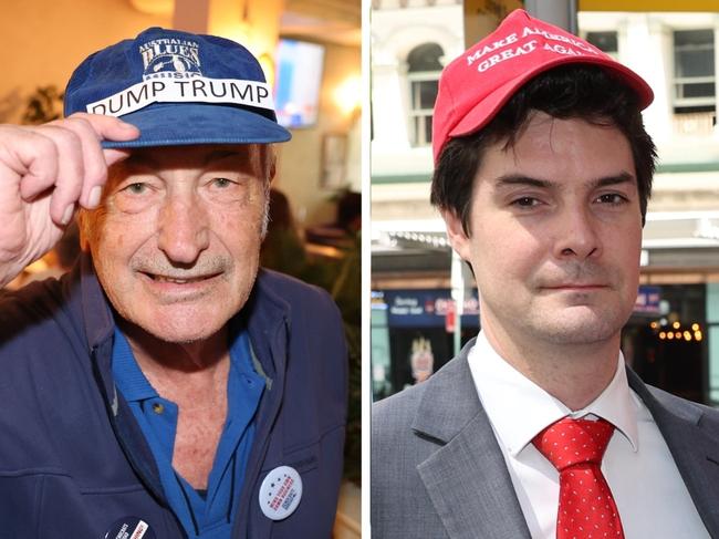 Lane Cove resident Steve Weimgarth (left) wore his "dump Trump" hat on 2024 US election day, while Republican Party supporters Edwin Nelson, Theodore Churchill and Samuel Hamilton donned "Make America Great Again" caps in the Sydney CBD. Pictures: Rohan Kelly