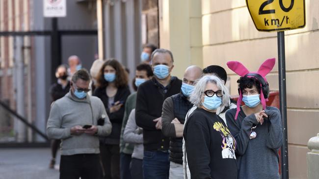 People queue at the COVID testing centre at the Prahran Town Hall. Picture: NCA NewsWire / Andrew Henshaw