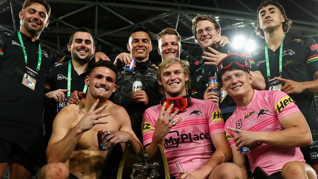 NRL 2024 GF Melbourne Storm v Penrith Panthers - Nathan Cleary Lindsay Smith Brad Schneider, Trophy,  Must Credit NRL Photos