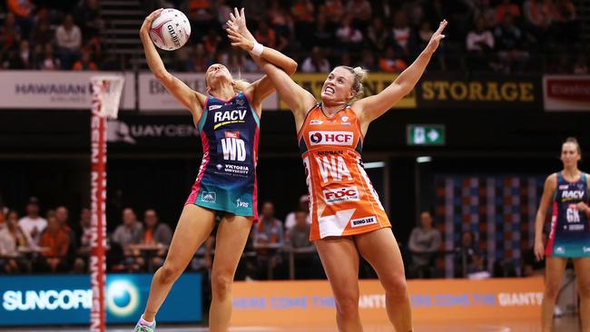 Renae Ingles of the Vixens is challenged by Kimberlee Green of the Giants fight for the ball in a round five Super Netball match. The introduction of bonus points has done wonders for the intensity and excitement of each individual game. Picture: Matt King/Getty Images