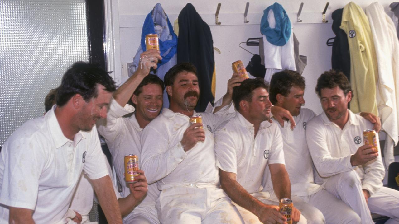 The Australian cricket team celebrate their win against England in the First Test in the Ashes series at Headingley, 13th June 1989. Tasmanian batsman David Boon is seated third from left. (Photo by Adrian Murrell/Getty Images)