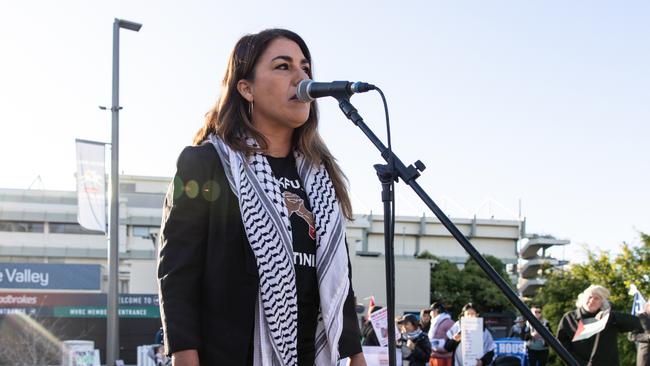 Lidia Thorpe speaks at a Pro-Palestine rally outside the Moonee Valley Racecourse as the ALP Conference occurs inside. Picture: NCA NewsWire / Diego Fedele