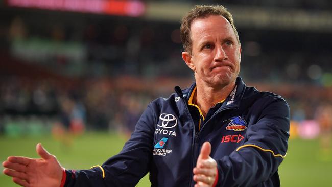 Don Pyke thanks the fans after the Crows’ victory against West Coast. Picture: Daniel Kalisz/Getty Images