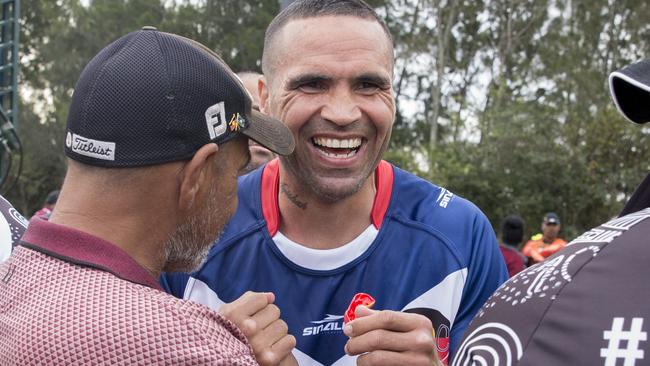 Anthony Mundine catches up with some old friends after the match. Picture: Jenny Evans