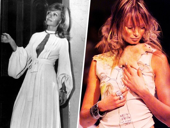 Designer Carla Zampatti in 1972 and a model with a rat on the Tsubi runway in 2001