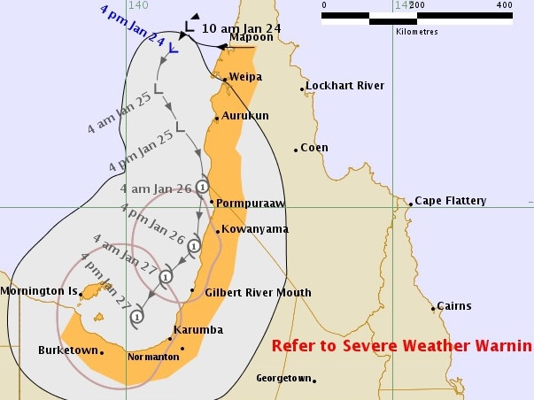 Forecast track map for tropical low, issued 5pm Thursday, January 24. SOURCE: Bureau of Meteorology