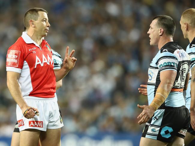 Sharks skipper Paul Gallen argues with referee Ben Cummins during the NRL Preliminary Final match between Cronulla and the North Queensland Cowboys. Picture: Getty Images