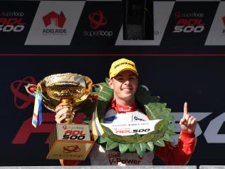 Scott McLaughlin from DJR Team Penske is seen on the podium after the Superloop Adelaide 500 at the Adelaide Street Circuit in Adelaide, Sunday, February 23, 2020. (AAP Image/David Mariuz) NO ARCHIVING