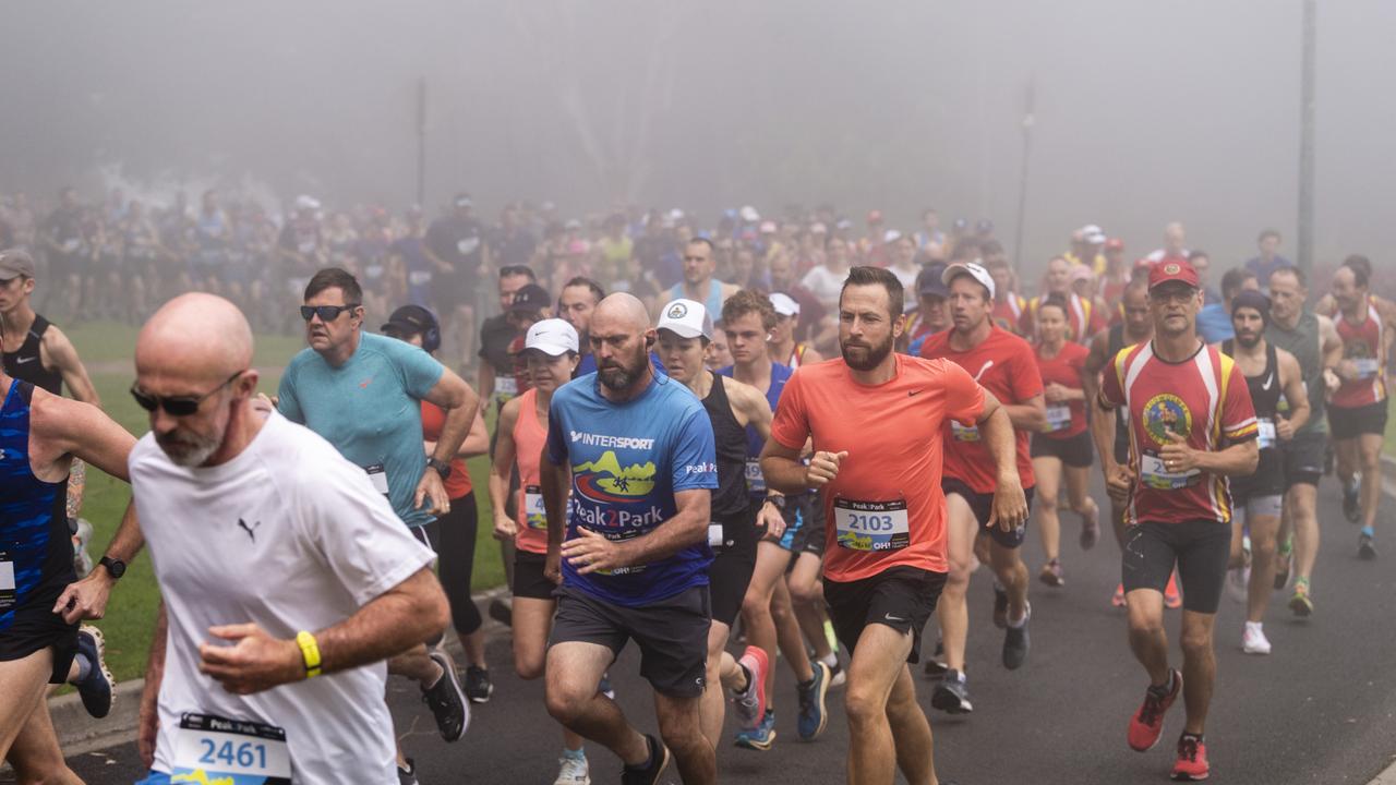 Runners at the start of the 10km event of Peak2Park 2022, Sunday, April 3, 2022. Picture: Kevin Farmer