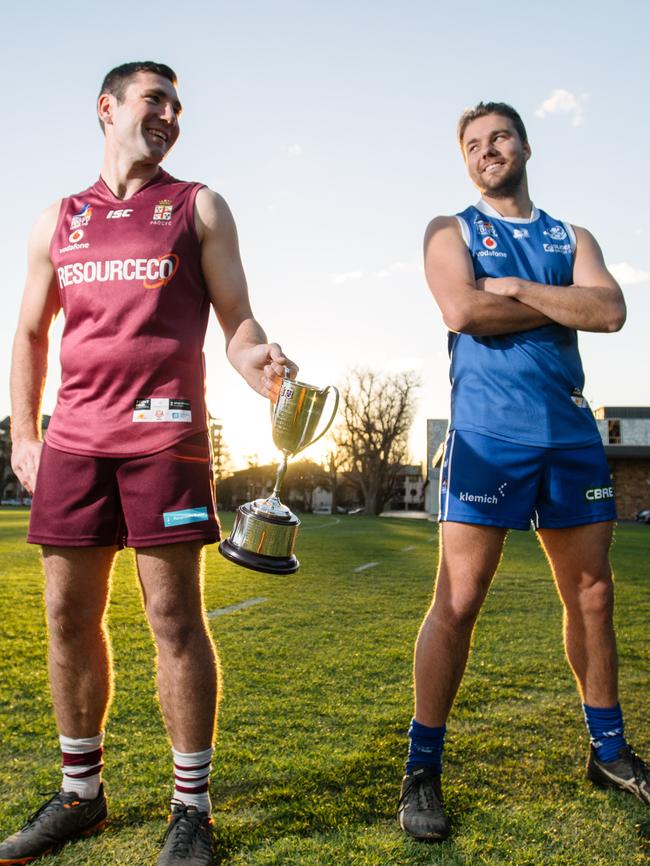 Perryman and Roberts on the hallowed turf. SPOC is chasing its first win over PAOC since 2011. Picture: The Advertiser/ Morgan Sette