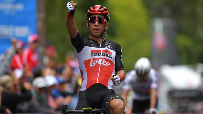 STIRLING, AUSTRALIA - JANUARY 22: Arrival / Caleb Ewan of Australia and Team Lotto-Soudal / Celebration / during the 22nd Santos Tour Down Under 2020, Stage 2 a 135,5km stage from Woodside to Stirling 422m / TDU / @tourdownunder / #UCIWT / on January 22, 2020 in Stirling, Australia. (Photo by Tim de Waele/Getty Images)