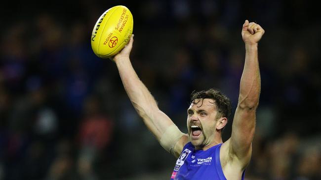 Anthony “Bundy” Barry of Footscray celebrates the win on the final siren during the VFL grand final at Etihad Stadium on Sunday. Picture: Michael Dodge.