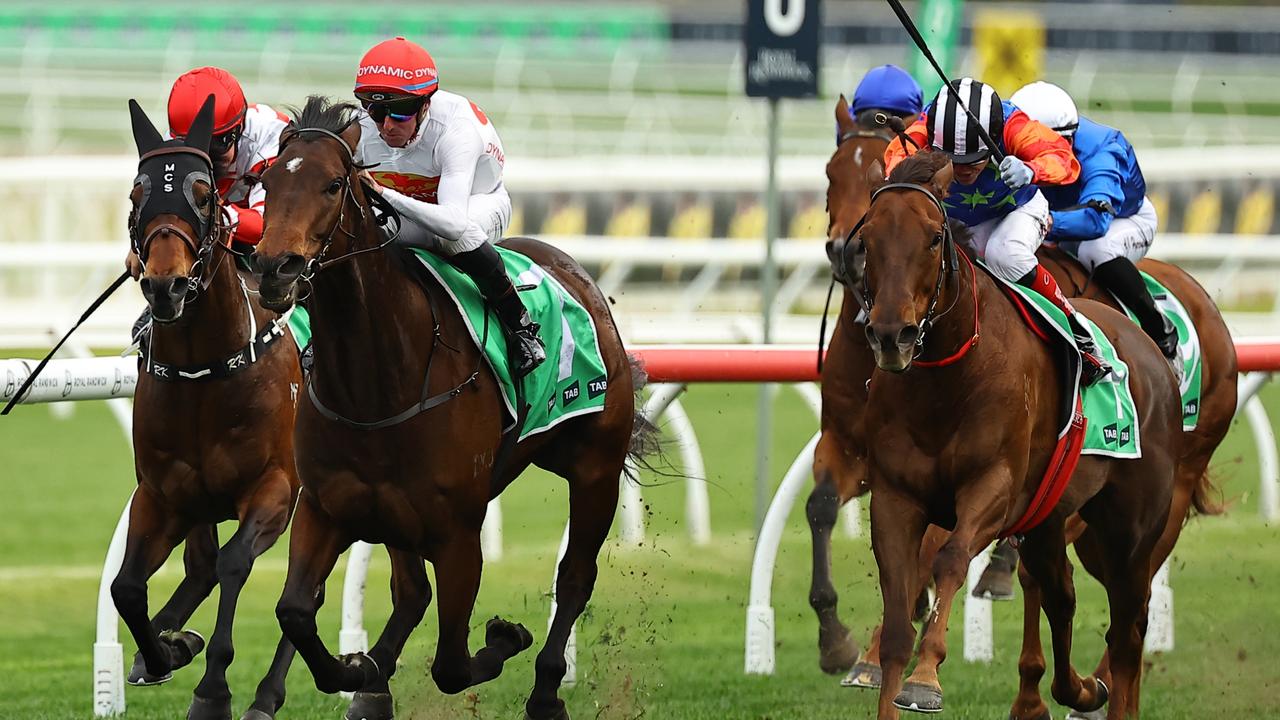 I Am Me (centre) holds on to beat Bella Nipotina (right) and Way The The Stars (left) in the Group 2 Concorde Stakes at Randwick. Picture: Getty Images