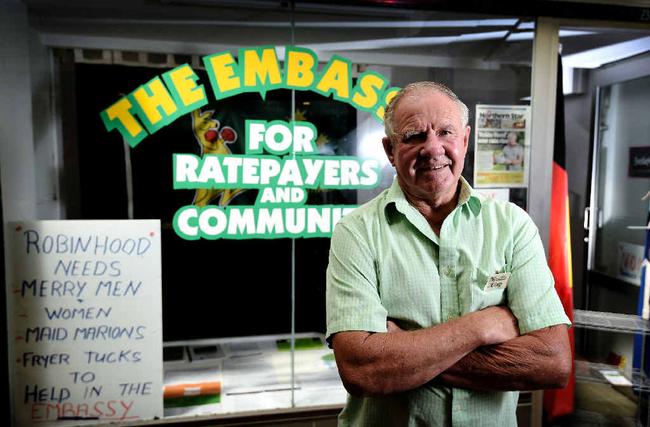 Neville King in front of the Ratepayers and Community Embassy he set up to bring attention to the new rates proposed by Lismore Council. Picture: Marc Stapelberg