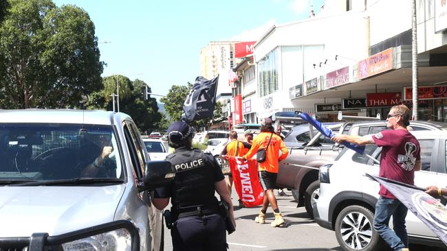 Police sectioned off one lane of Lake St during the CFMEU and ETU protest on Tuesday, August 27. Picture: Peter Carruthers