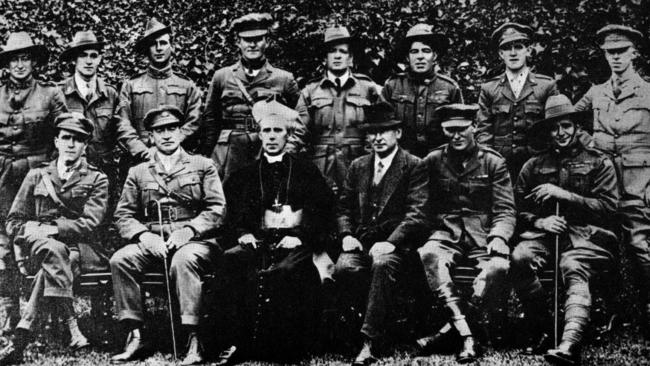 Archbishop of Melbourne Daniel Mannix with Australian troops in 1915.