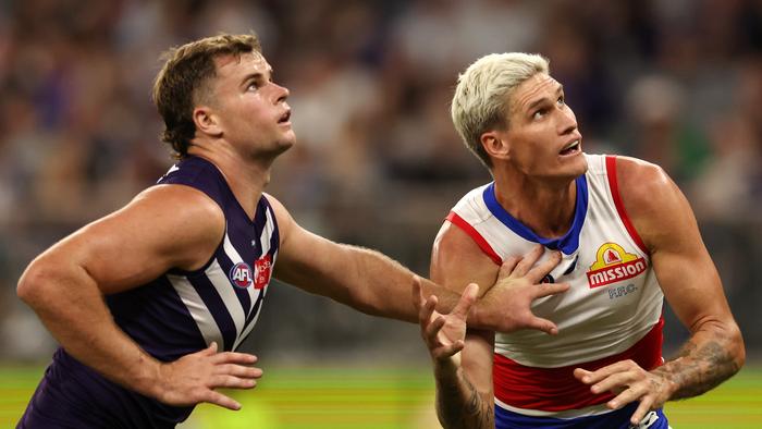 PERTH, AUSTRALIA - APRIL 21: Sean Darcy of the Dockers contests a ruck with Rory Lobb of the Bulldogs during the 2023 AFL Round 06 match between the Fremantle Dockers and the Western Bulldogs at Optus Stadium on April 21, 2023 in Perth, Australia. (Photo by Will Russell/AFL Photos via Getty Images)