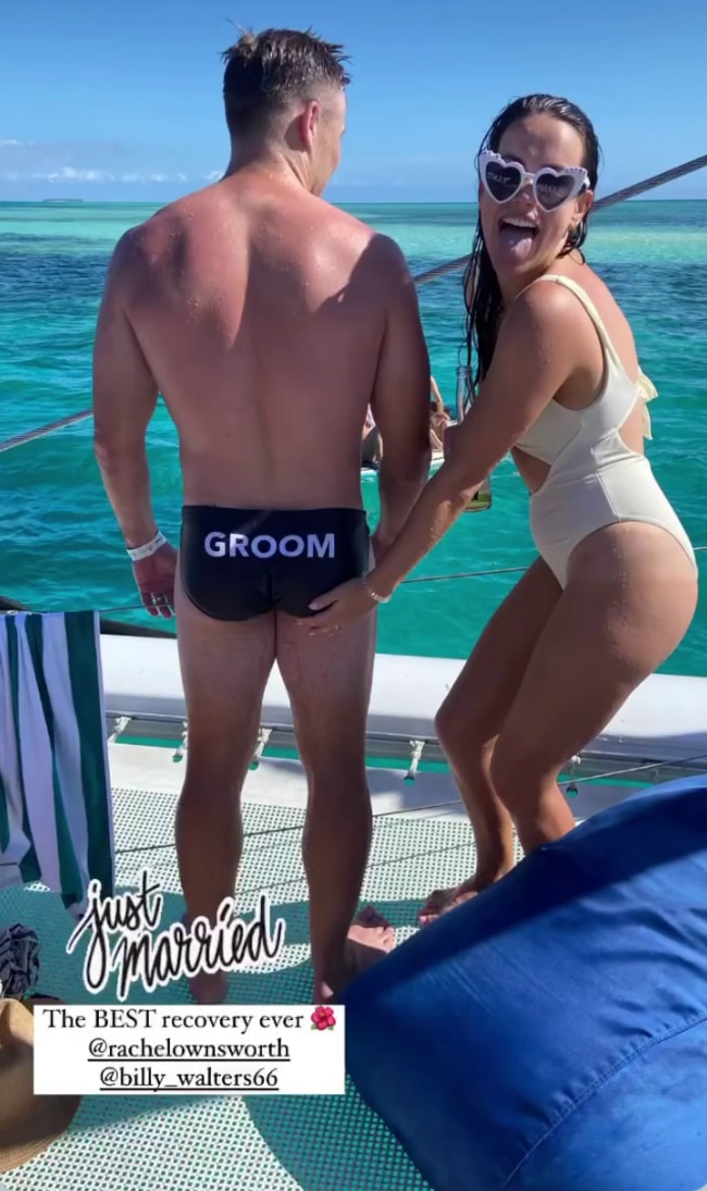 Walters wore a speedo humorously labelled “Groom,” on their "recovery day" boat cruise post-wedding. Photo: Instagram.