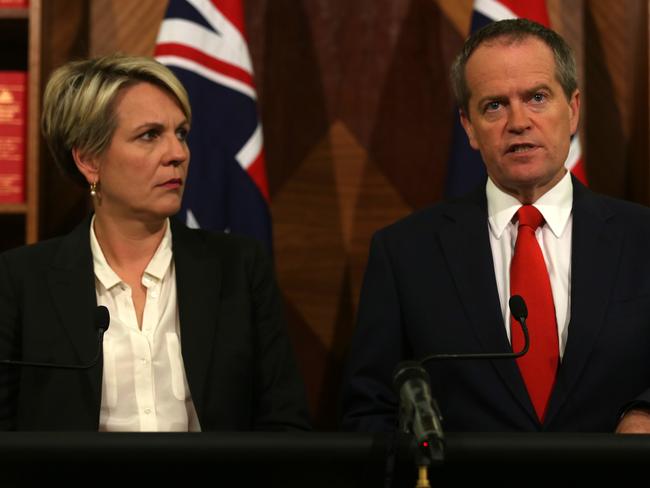 How much longer will he cling on to power? Bill Shorten addresses the media as Tanya Plibersek looks on. Picture: Brendan Francis