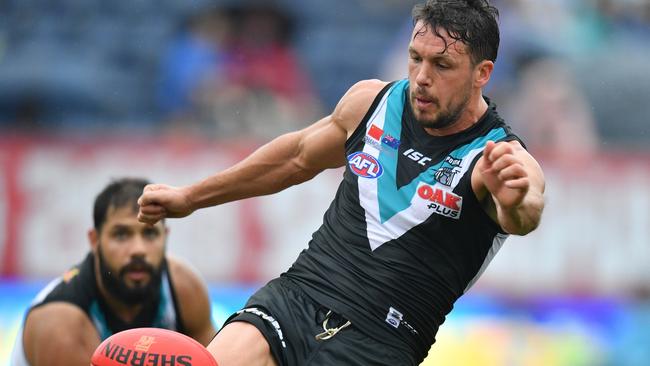 The Power’s Travis Boak leads from the front against Gold Coast. Picture: AAP Image/David Mariuz