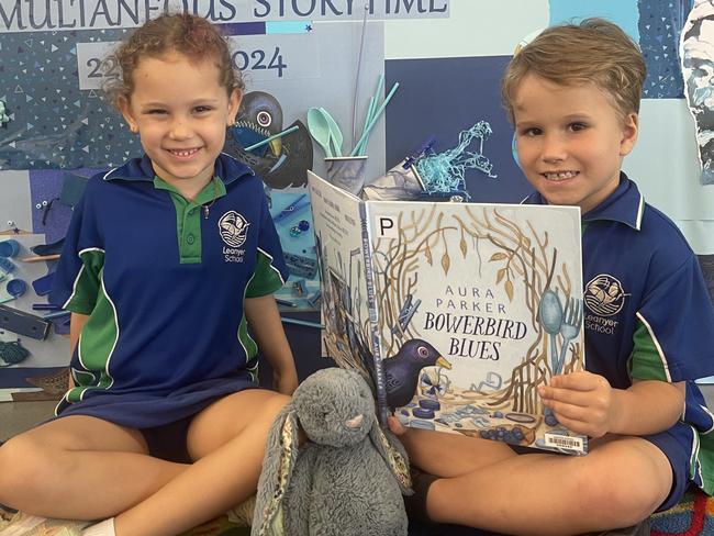 Leanyer School students Olivia McCue and Harrison Pigrim are reading Bowerbird Blues by Aura Parker as part of the National Simultaneous Storytime and Chief Minister's Reading Challenge in 2024.