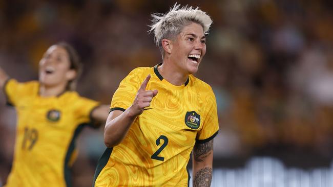 MELBOURNE, AUSTRALIA - FEBRUARY 28: Michelle Heyman of the Matildas celebrates a goal during the AFC Women's Olympic Football Tournament Paris 2024 Asian Qualifier Round 3 match between Australia Matildas and Uzbekistan at Marvel Stadium on February 28, 2024 in Melbourne, Australia. (Photo by Darrian Traynor/Getty Images)