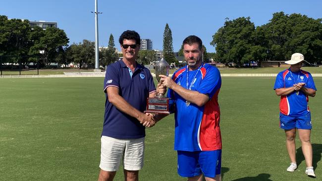 Newcastle captain Nick Foster with Paul Marjoribanks, the chair of Country Cricket NSW. Photo: Alex Pichaloff