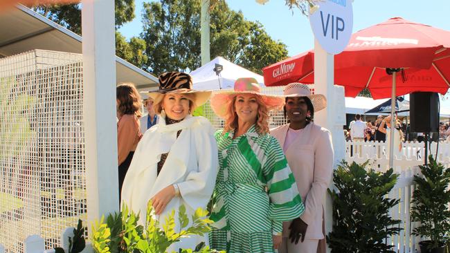 POP UP POLO BUNDABERG 2021: Anna Lukyanova, Bex Hutchins and Mildred Ellwood at the polo's VIP section.