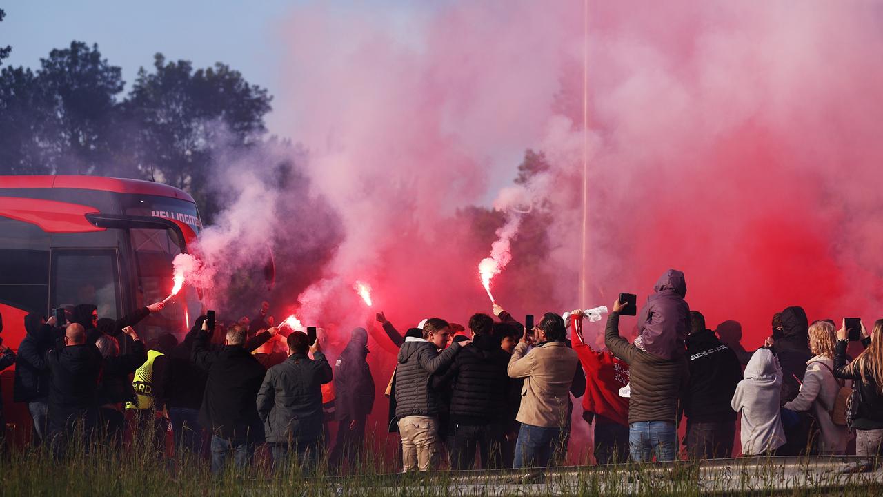 Fans greet the AZ Alkmaar team bus prior to the match. Photo by Dean Mouhtaropoulos/Getty Images.