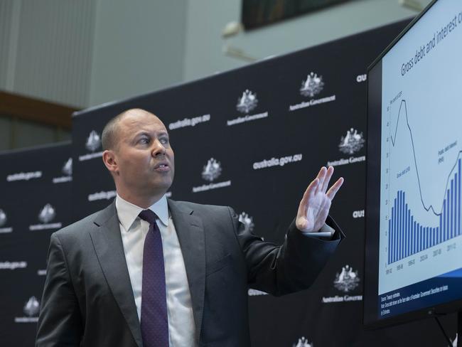 Treasurer Josh Frydenberg announcing the budget outlook. Picture: Gary Ramage