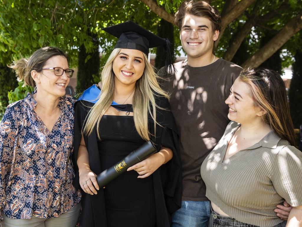 Bachelor of Science graduate Elise Odner with (from left) Kaye Odner, Jack Rawlings and Aleisha Cheihk at the UniSQ graduation ceremony at Empire Theatres, Wednesday, December 14, 2022.