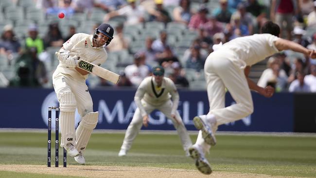 Mitchell Starc sends one down to Dawid Malan in the Adelaide Test. Picture: AP