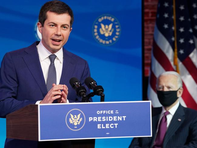 Pete Buttigieg speaks at a news conference for Joe Biden’s transition to the US presidency. Picture: AFP