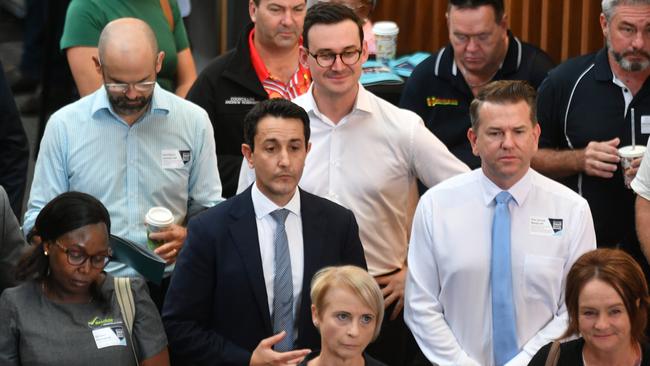 Queensland Premier David Crisafulli with Deputy Premier Jarrod Bleijie, Treasurer David Janetzki and Housing Minister Sam O’Connor. Picture: Evan Morgan